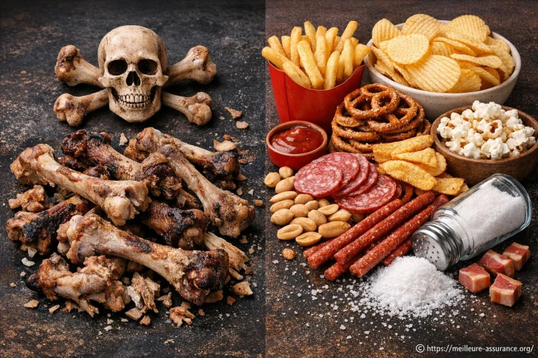 Restes d'os à côté de snacks salés variés